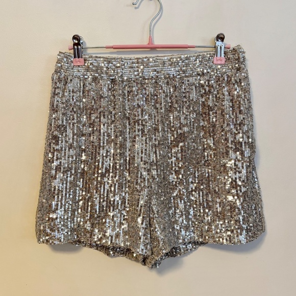 Gianni Bini Nessa High Waist Elastic Sequin Shorts Metallic Gold Silver Womens 4 - Picture 2 of 4